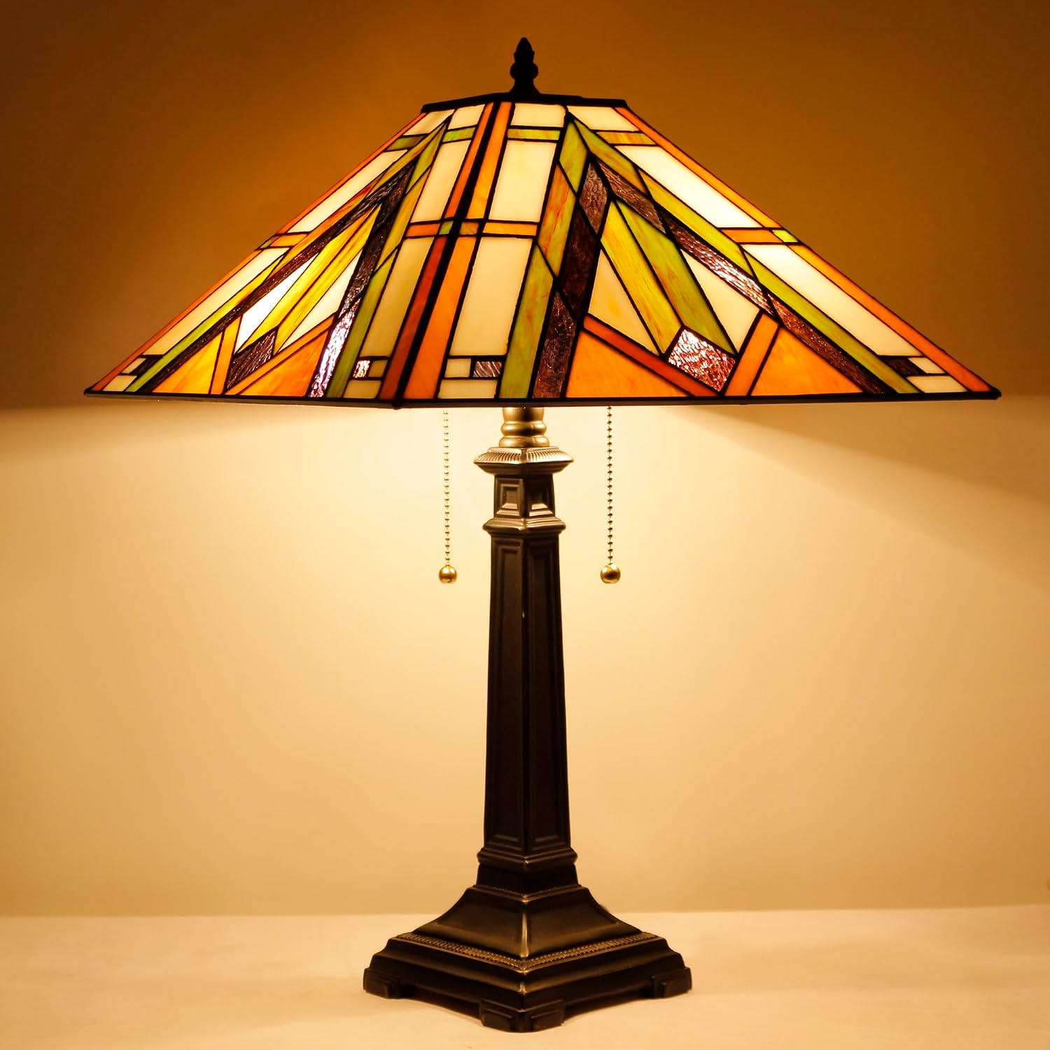 Tiffany Table Lamp Bronze Mission Style Stained Glass 16X16X23 Inches Desk Reading Light for Bedrooms Living Room Study Home Office