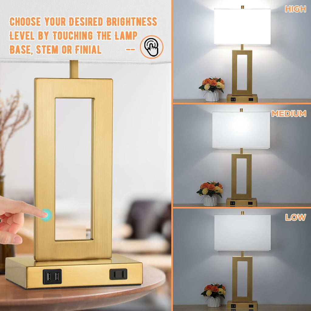Modern Vintage Gold Table Lamp Set of 2, 28inch Tall Lamps for Living Room Bedroom with 2 USB Ports&AC Outlet, 3 Way Dimmable Touch Control Desk Lamps For Reading Home Office, E26 Socket, with Bulb