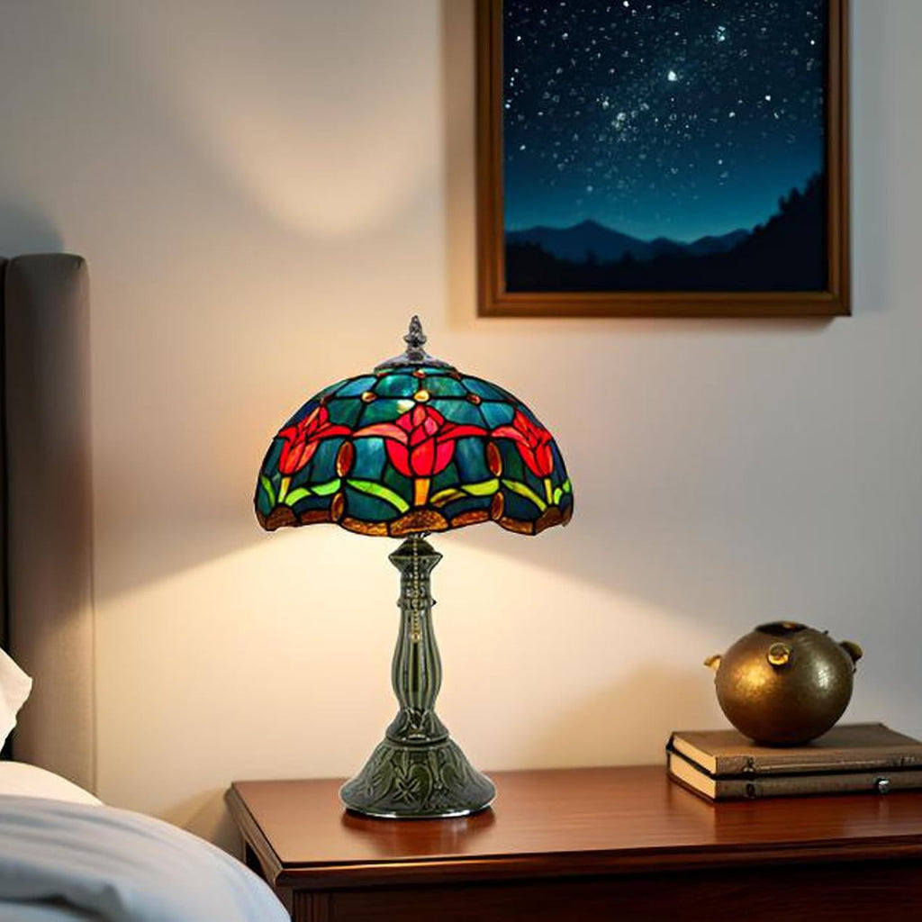Tiffany Lamp Stained Glass Table Lamps Red Blue Tulips Style Desk Lamp 12X12X18.5 Inch Bronze Ceramic Base Reading Light Suitable for Bedside Bedroom Living Room Dining Room Office