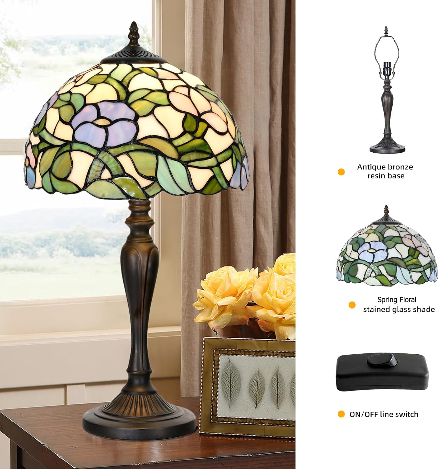 TL0005 Tiffany Table Lamp Bedside Stained Glass Lamp Spring Floral Design Reading Desk Light 12X21.5 Inches for Bedroom Living Room Home Office, lED Bulb Included
