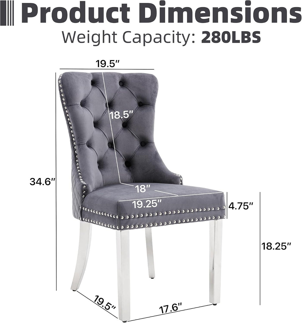 Velvet Dining Chairs Set of 2, Upholstered Dining Room Chairs, Mid-Century Modern Chairs with Diamond Lattice Tufted Back, Lion Pull Ring Rivet Trim, Silver Metal Legs for Kitchen, Dark Grey
