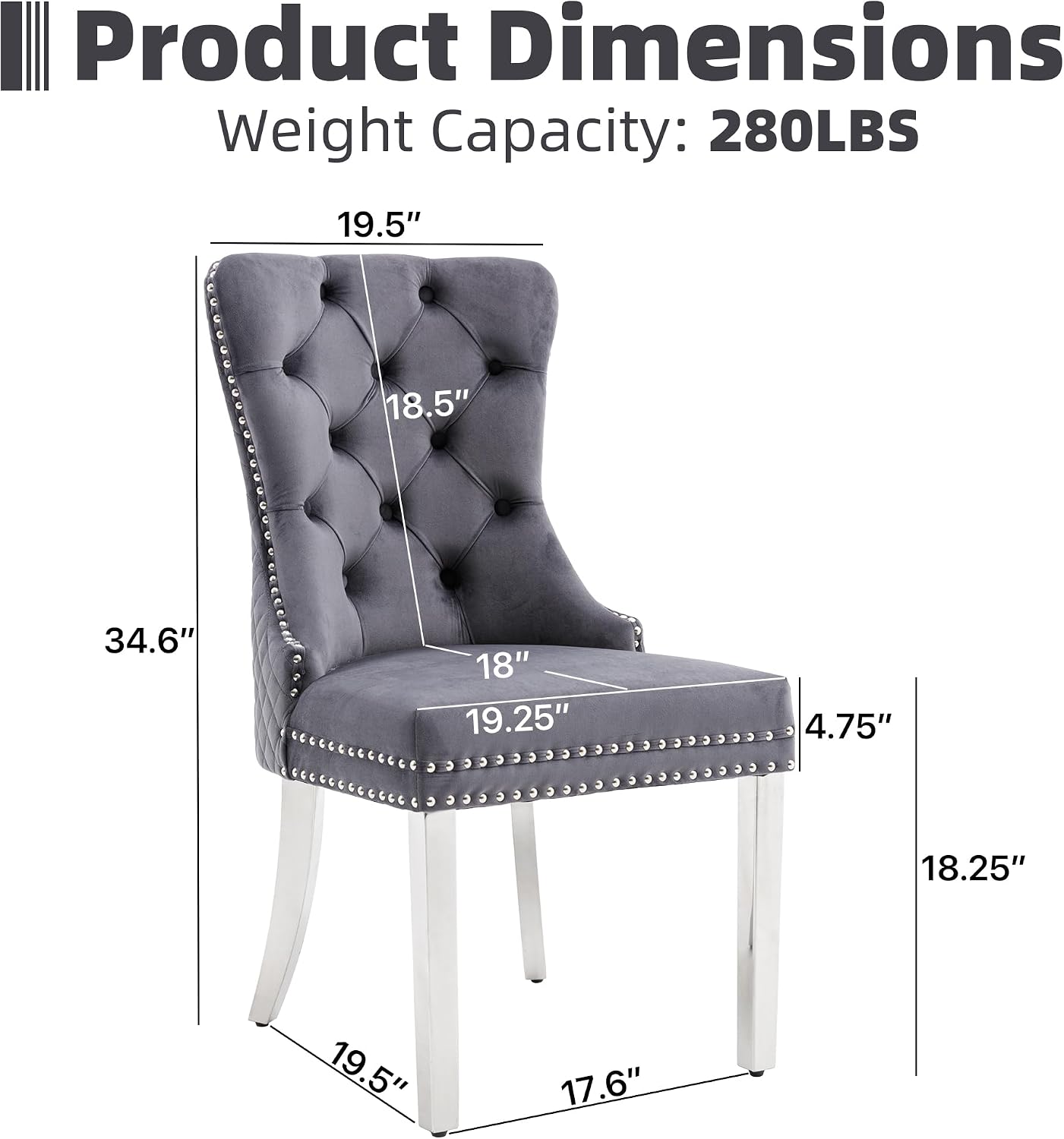 Velvet Dining Chairs Set of 2, Upholstered Dining Room Chairs, Mid-Century Modern Chairs with Diamond Lattice Tufted Back, Lion Pull Ring Rivet Trim, Silver Metal Legs for Kitchen, Dark Grey