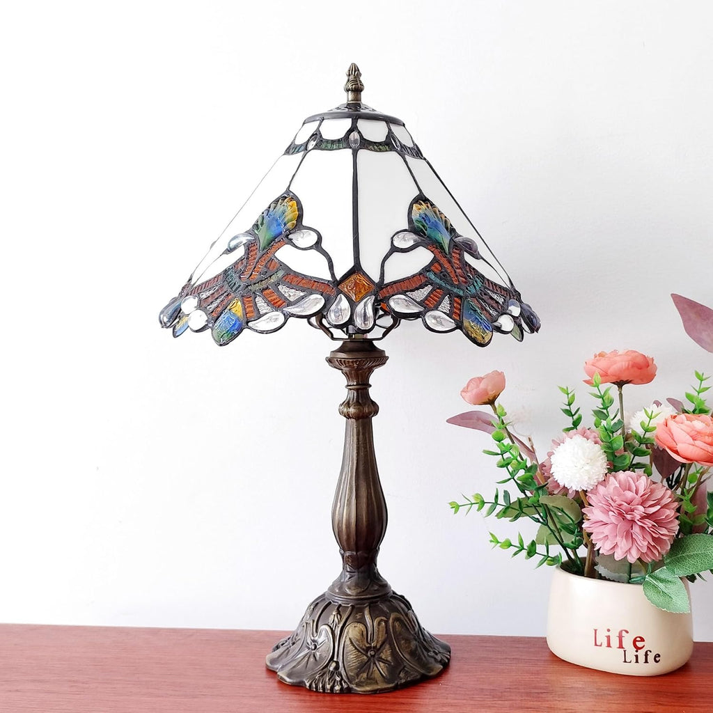 Tiffany Lamp White Baroque Style Stained Glass Lamp 12X12X19 inch Vintage Bedroom Table lamp 3-Way Tiffany Style Reading Desk Light for Home Living Room Office Include Light Bulb