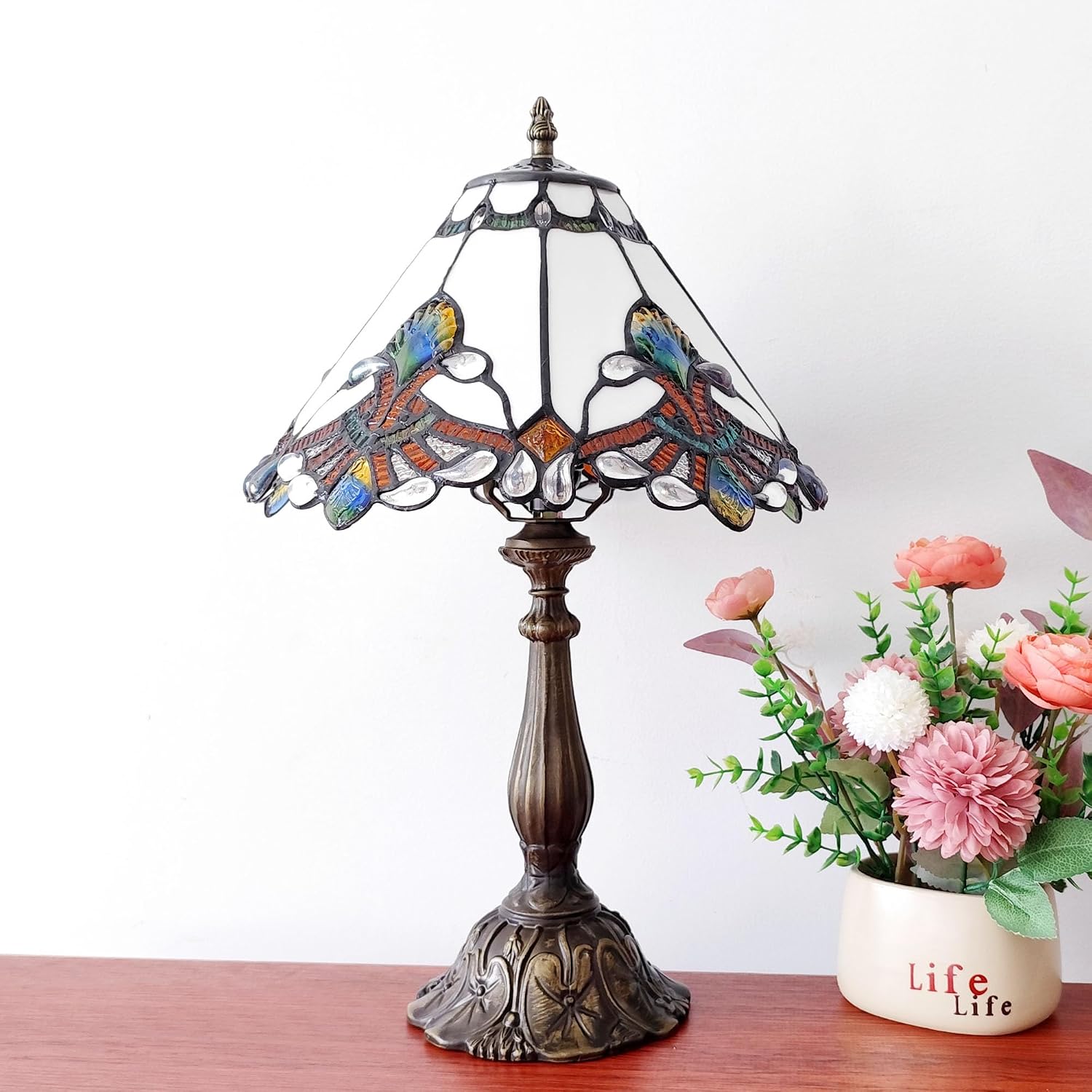 Tiffany Lamp White Baroque Style Stained Glass Lamp 12X12X19 inch Vintage Bedroom Table lamp 3-Way Tiffany Style Reading Desk Light for Home Living Room Office Include Light Bulb