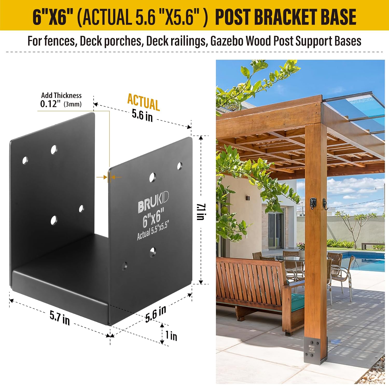 Stainless Steel 6 x 6 (Actual: 5.5' x 5.5') Deck Post Base, Post Anchor Bracket, Concrete Support Anchor Base for Railings, Fences, Pavilions, Porches (4pack-Dark Gray)