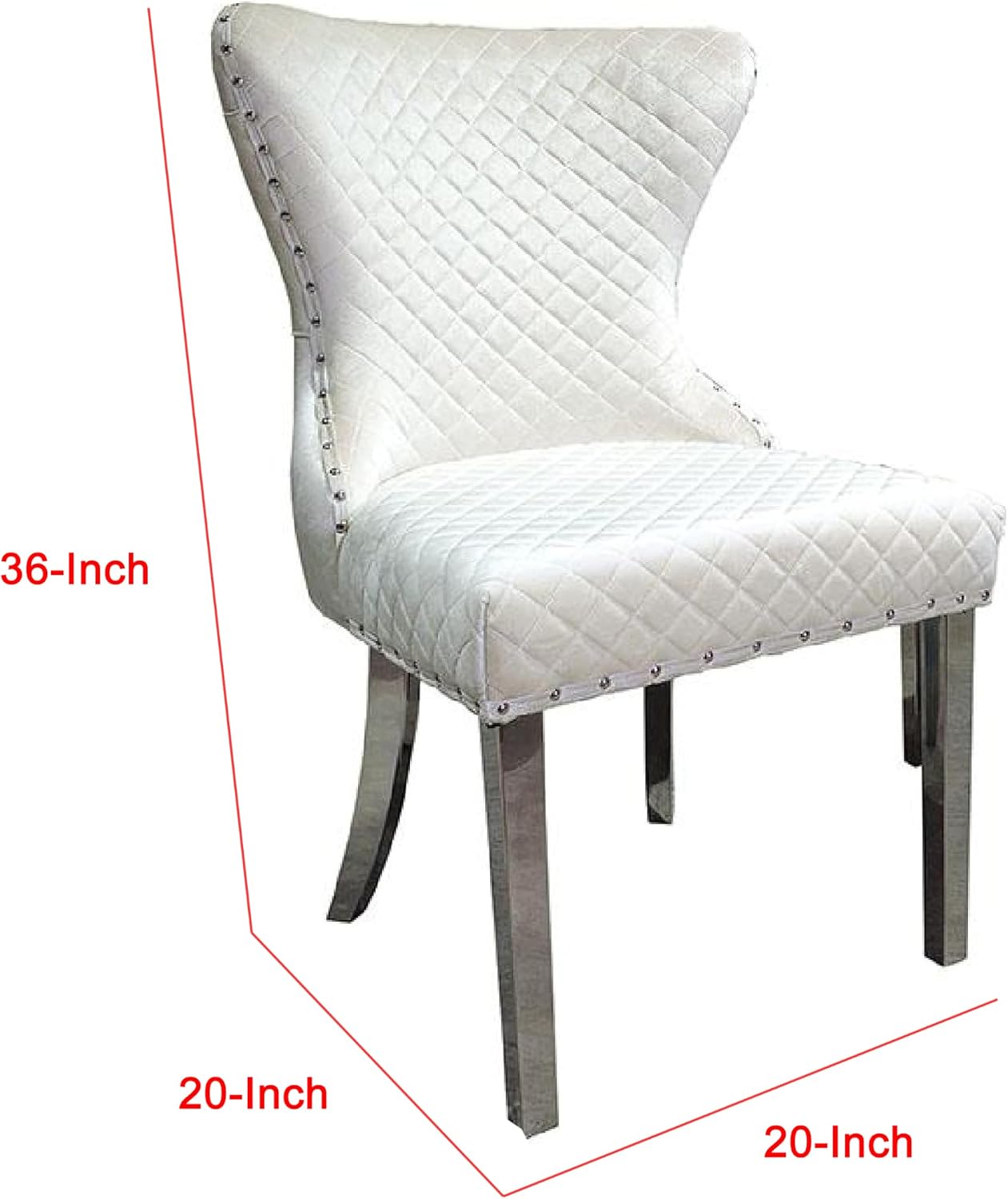 Anova Side Dining Chair Set of 2, Rivet Trim, Silver Stainless Steel, White Fabric
