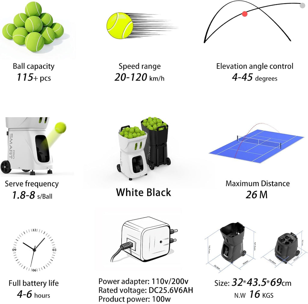 PT-Smart PRO Tennis Ball Machine with Apple Watch/APP/Remote Control, 12 Spin Modes, 110-Ball Capacity, Portable Ball Launcher, 6-Hour Battery for Tennis Training, Beginners & Pros