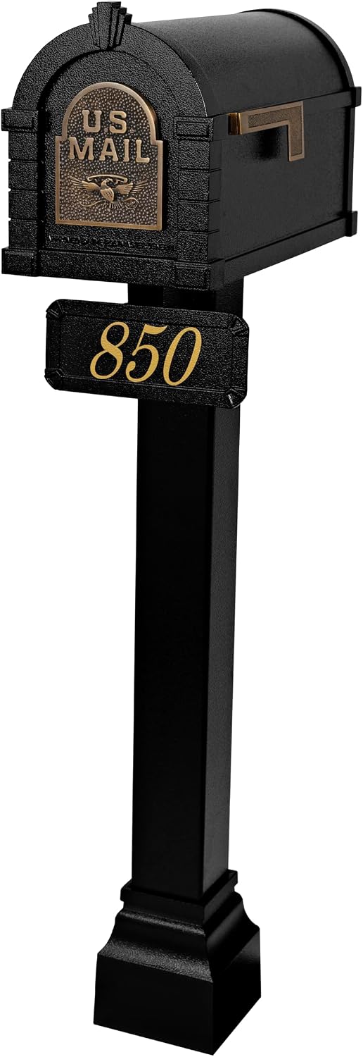 Gaines - Keystone Standard Post and Mailbox Package with Personalized Address Plaque and Decorative Cuff (Black with Antique Bronze Eagle)