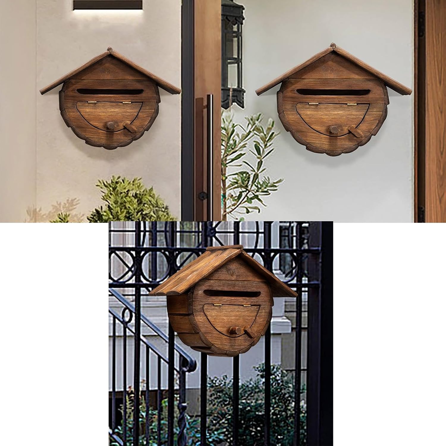 Outdoor Wall Mounted Mailbox Handmade House Type Wooden Mailboxes with Rainproof Eaves Parcel Boxes with Hanging Clasp Compact
