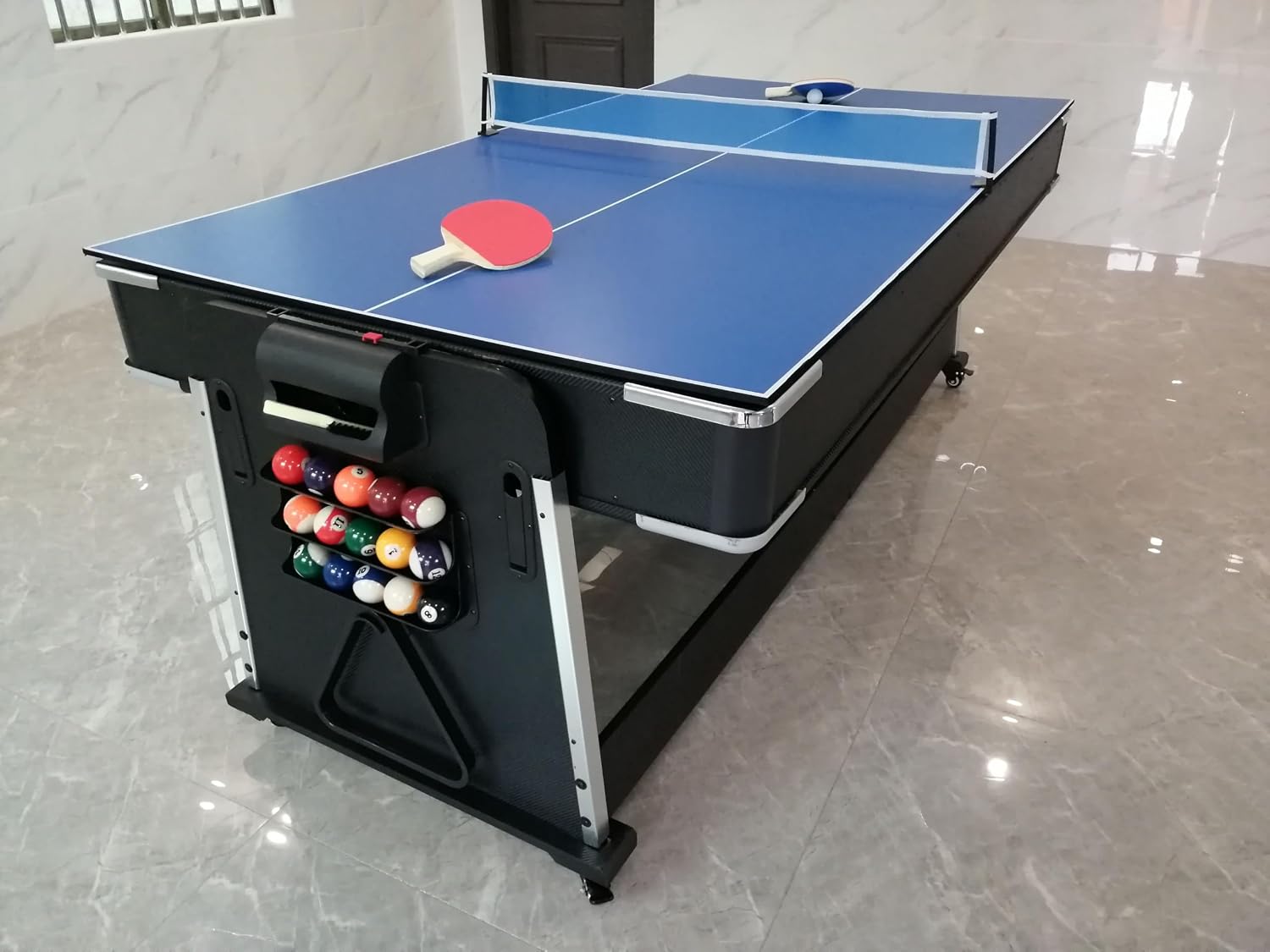 3-in-1 Convertible Pool Table, 7 Ft, Black, Indoor Outdoor Gaming Table with Air Hockey, Table Tennis, Billiards, Portable Design with No Wheels