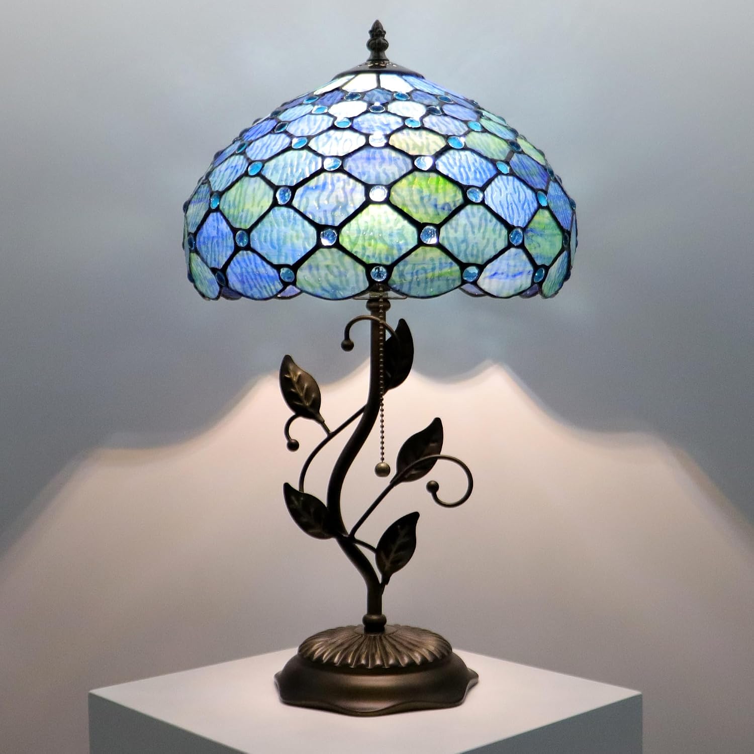 Tiffany Lamp Sea Blue Water Ripple Style Stained Glass Table Lamp Desk Bedside Reading Light 12X12X19 Inches with Metal Leaf Base