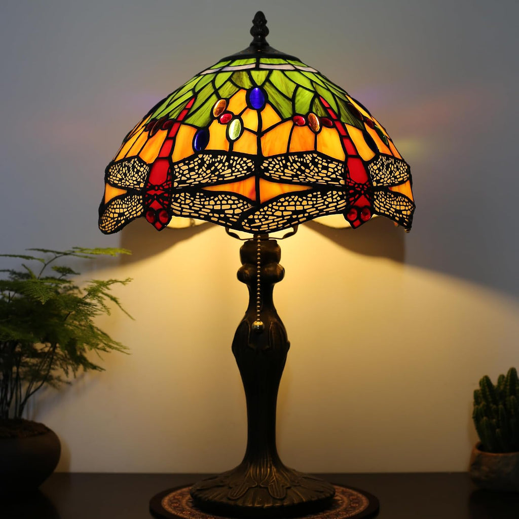 Tiffany Table Stained Glass Table Lamp 12 x 19' Bedside Reading Lamp Yellow Dragonfly Style Decorative Lamp for Desk Living Room Bedroom Office Study Light Decor Gift