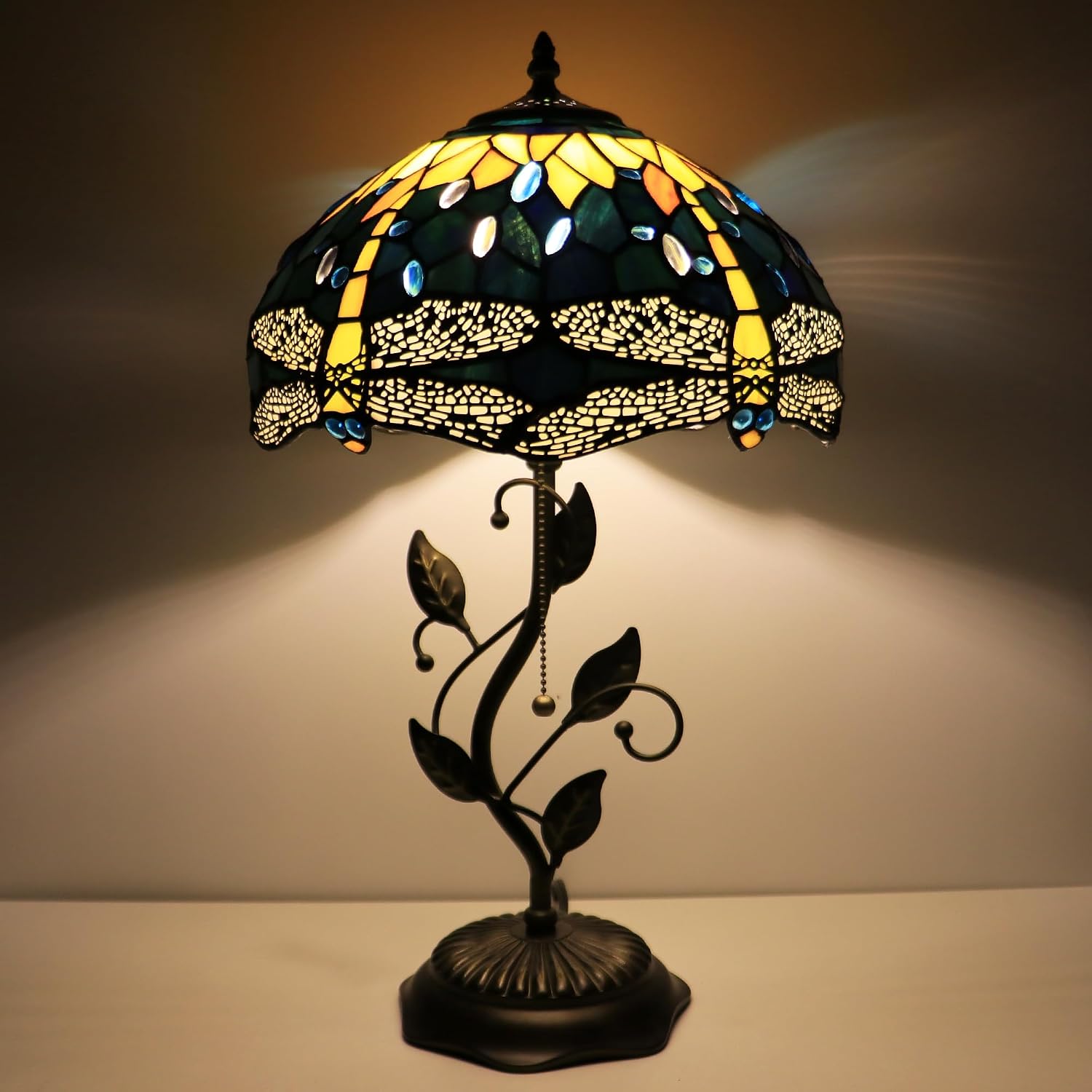 Tiffany Lamp Yellow Dragonfly Style Stained Glass Table Lamp Desk Bedside Reading Light 12X12X19 Inches with Metal Leaf Base