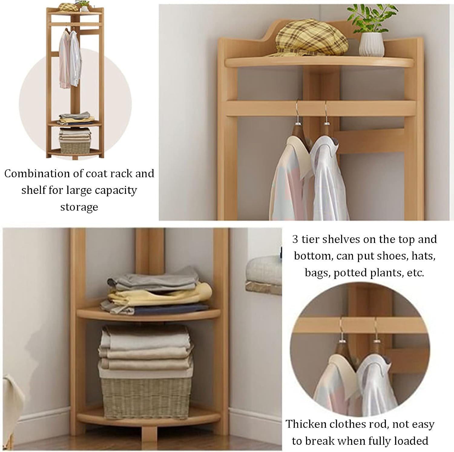 Coat Rack Stand Clothes Rack Stand, Free Standing Furniture, Corner Bedroom Hall Entryway Organizer, Keep Your Garment Shoe Hat Handbag Items Storage(Dark Brown-45X45X160CM