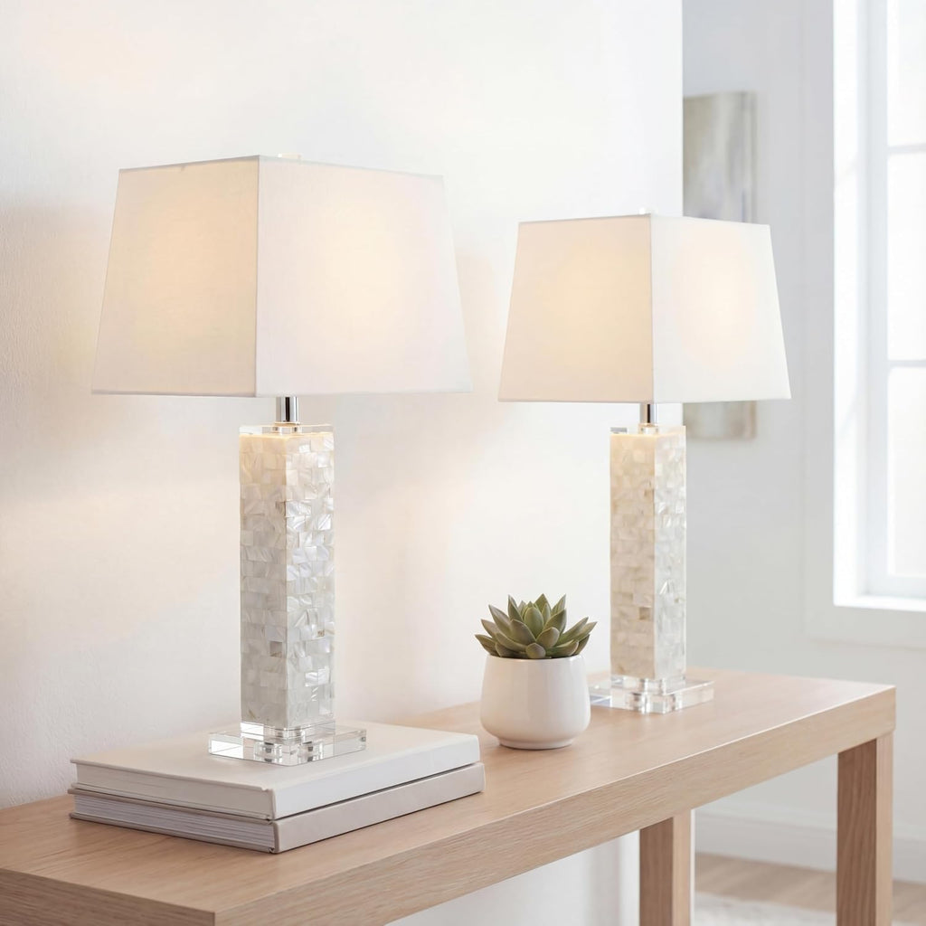JONATHAN Y 28.5' White Mother-of-Pearl Seashell LED Table Lamp Set of 2, Coastal Contemporary Mosaic Pillar for Living Room, Crystal Base, White Linen Shade, LED Bulbs Included JYL1053A-SET2