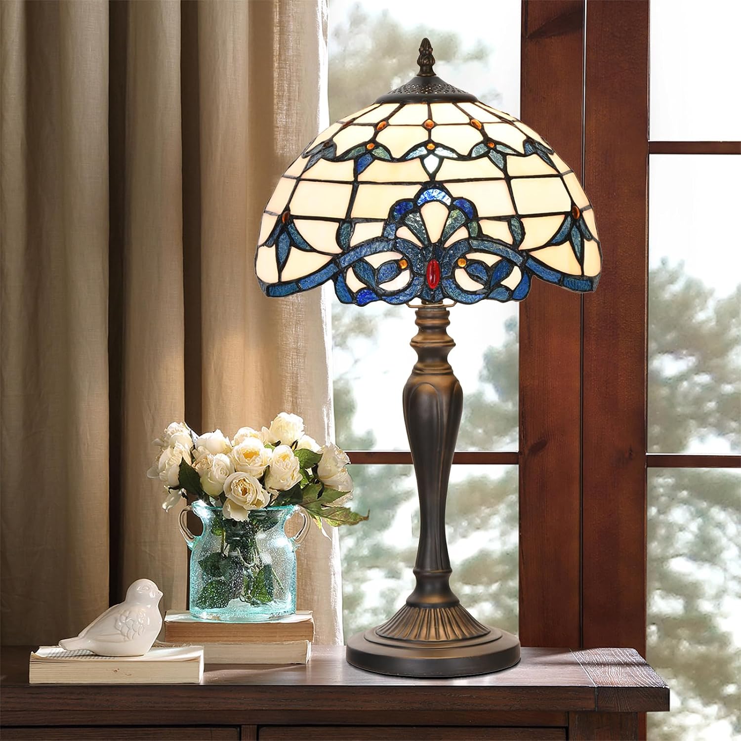 TL0003 Tiffany Table Lamp Bedside Stained Glass Lamp Blue Baroque Reading Desk Light 12X21.5 Inches for Bedroom Living Room Home Office,Vintage Look Handcrafted Accent Décor