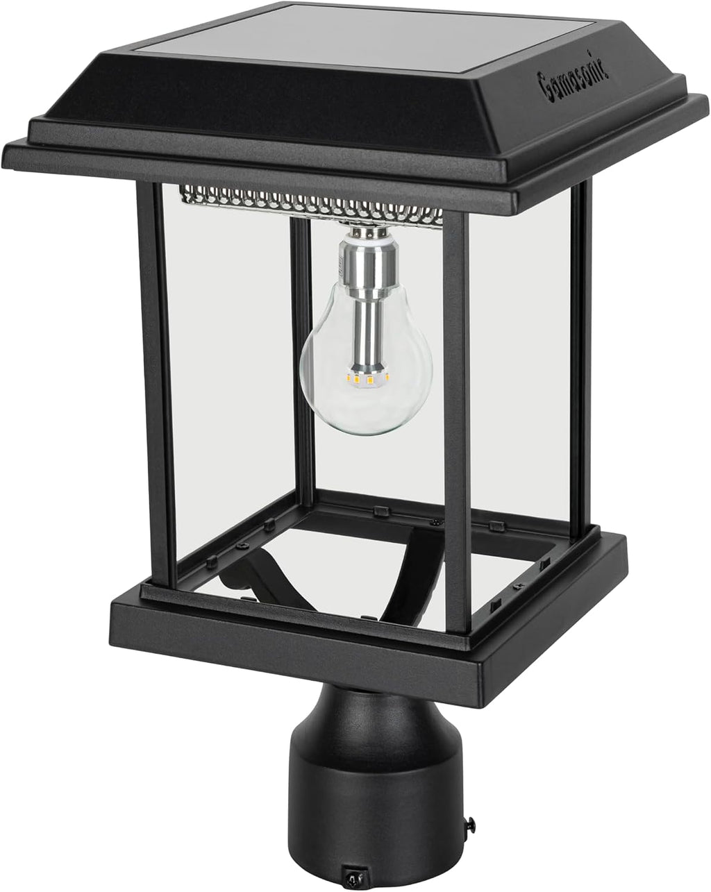 Gama Sonic Aspen II Solar Lamp Post Light Outdoor Waterproof, Black Aluminum with Clear Glass, 3-inch Fitter for Lamp Posts or Pier Mount (Sold Separately), Warm White 2700K, 8BE40012