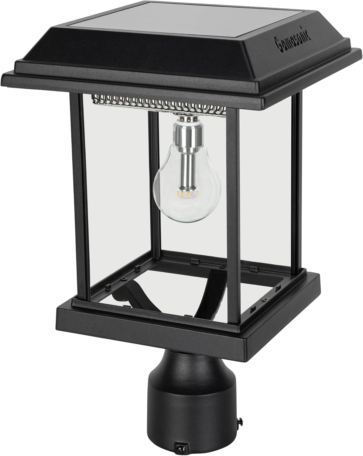 Gama Sonic Aspen II Solar Lamp Post Light Outdoor Waterproof, Black Aluminum with Clear Glass, 3-inch Fitter for Lamp Posts or Pier Mount (Sold Separately), Warm White 2700K, 8BE40012