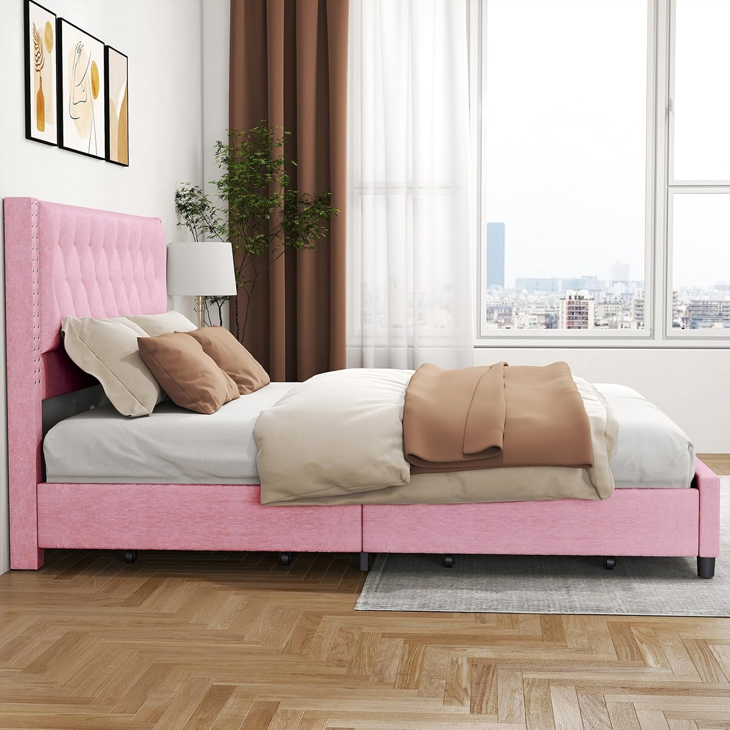 Brrnoo Metal Support King Bed Frame, Velvet Fabric Upholstered Headboard with Rivet Design, 4 Drawers, Easy Assembly for Home (Pink)