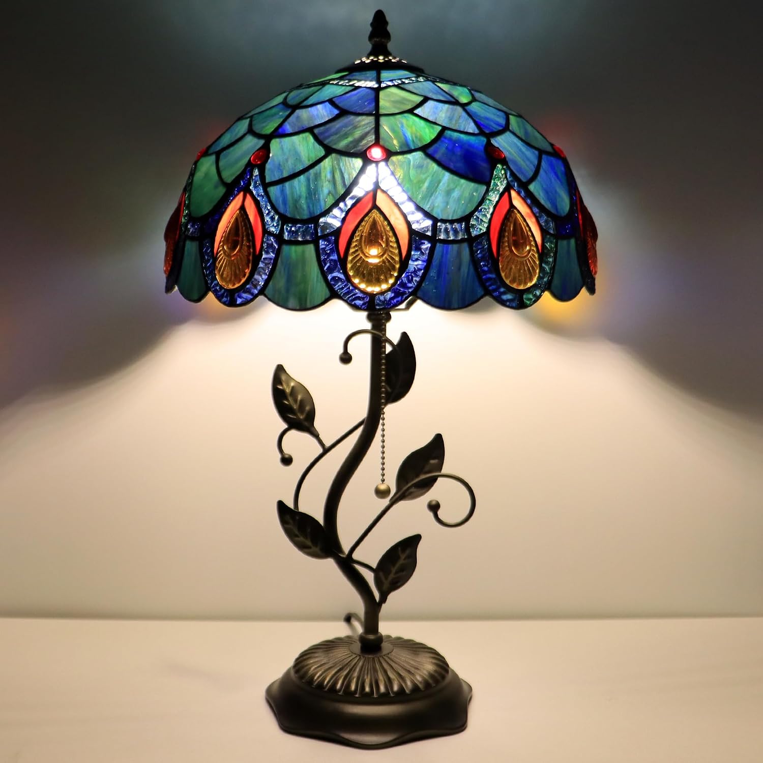 Tiffany Lamp Sea Blue Peacock Tail Style Stained Glass Table Lamp Desk Bedside Reading Light 12X12X19 Inches with Metal Leaf Base