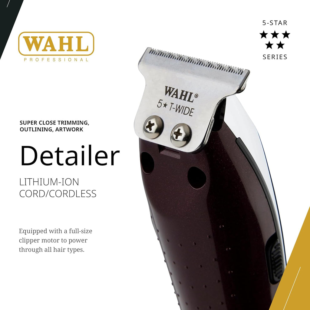 Wahl Professional 5 Star Magic Clip and Cordless Detailer Li Trimmer Bundle, Stagger Tooth Fade Blade and T Wide Detail Blade, for Hair & Beard, with Charging Stand and Attachments