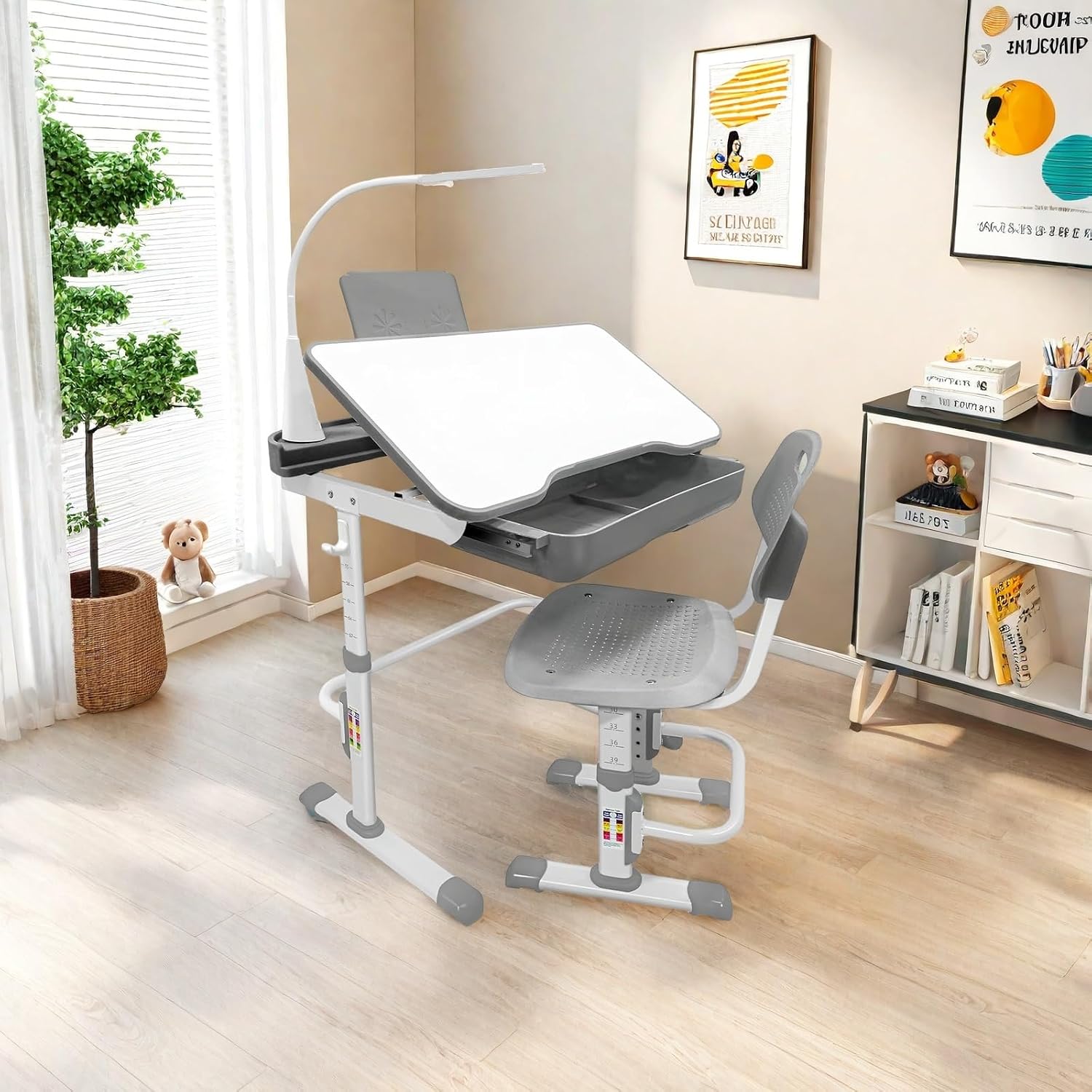 Yinleader Kids Desk and Chair Set,Height Adjustable,Spacious Storage Drawer,with Adjustable Tilted Desktop, Bookstand, Touch Led Lamp for School Student (Gray Set)