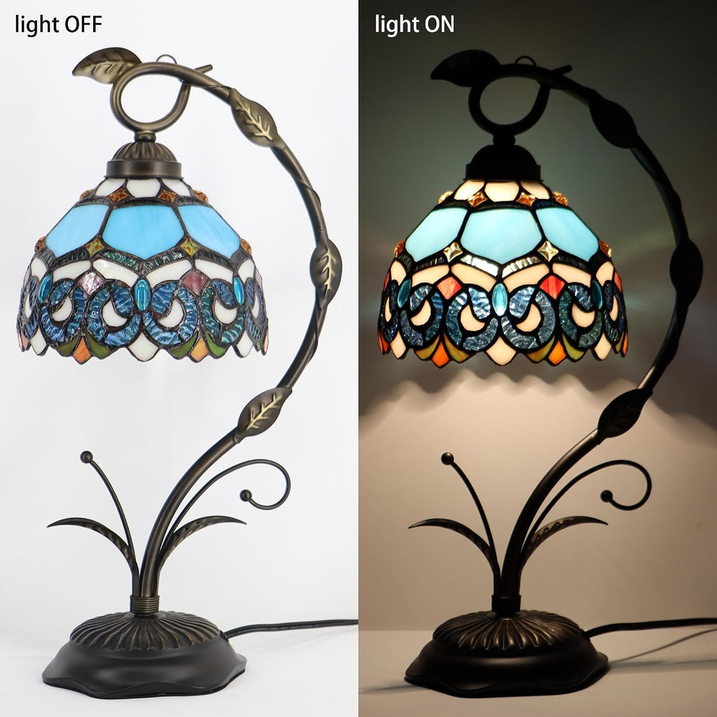 Tiffany Table Lamp, Stained Glass Desk Reading Light, 8X10X19 Inches, Metal Leaf Base (Sapphire Style)