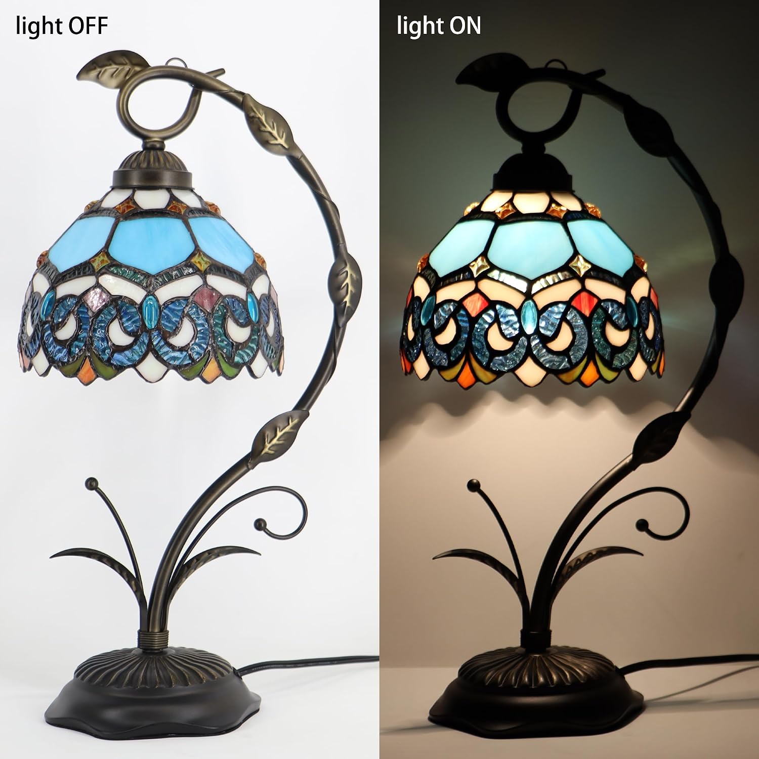 Tiffany Table Lamp, Stained Glass Desk Reading Light, 8X10X19 Inches, Metal Leaf Base (Sapphire Style)