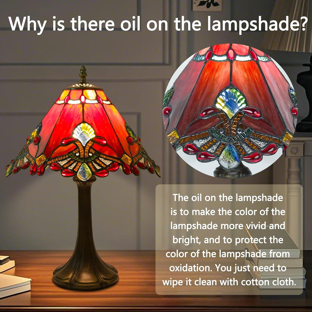 JHuiLap 12 Inch Tiffany Style Table Lamp, Baroque Stained Glass Lamp with Remote Control, Stepless Dimmable & 3 Color Temperatures, Desk Lamps for Bedroom Farmhouse Bedside Nightstand Bedside (Red)