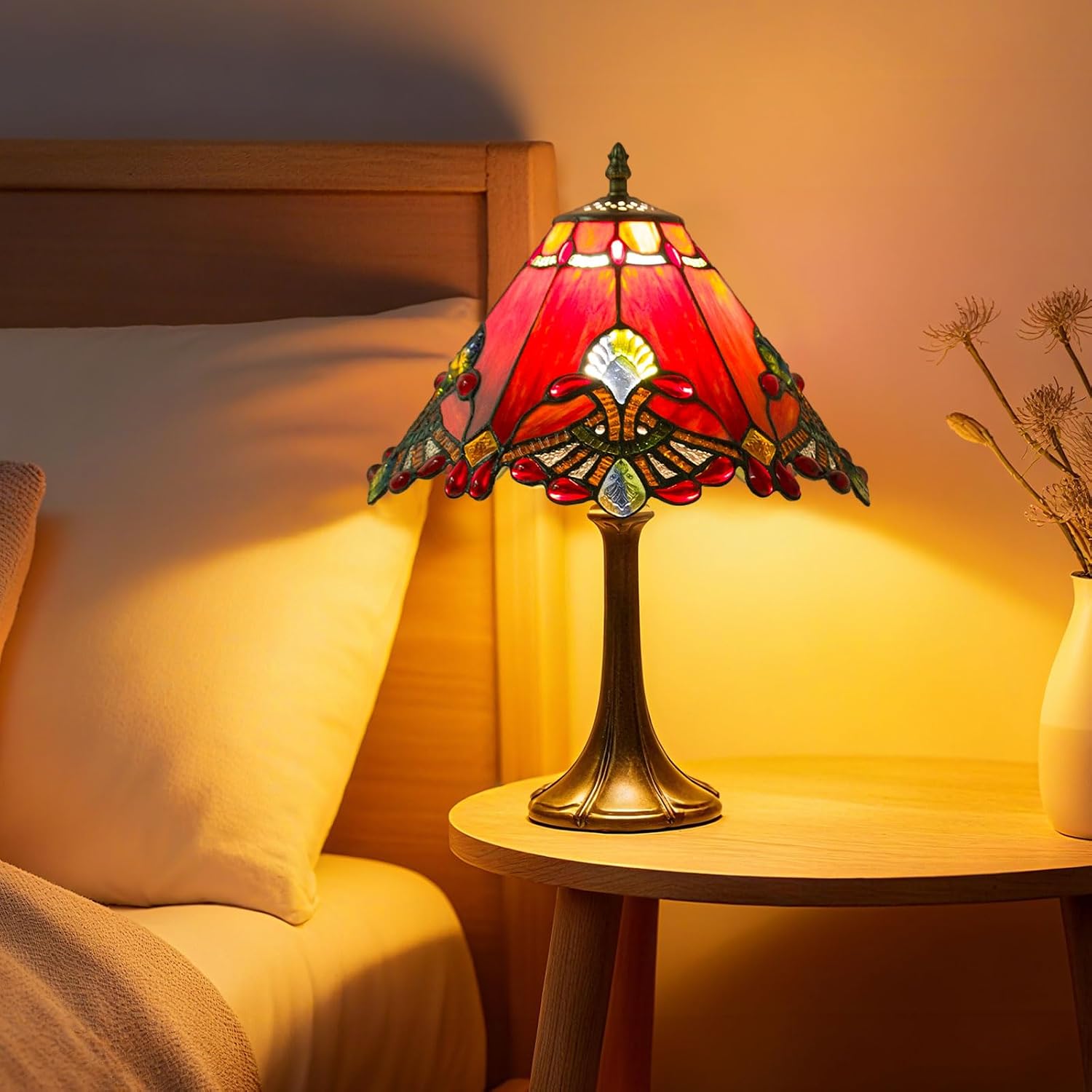 12 Inch Baroque Style Tiffany Table Lamp, Vintage Stained Glass Desk Lamp with Remote Control, 3 Color Temperature & Brightness Level for Office Home Bedroom Living (Red)