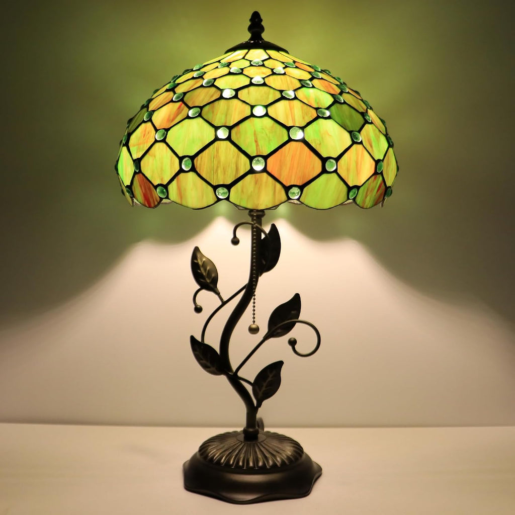 Tiffany Lamp Brownish Green Pearl Style Stained Glass Table Lamp Desk Bedside Reading Light 12X12X19 Inches with Metal Leaf Base