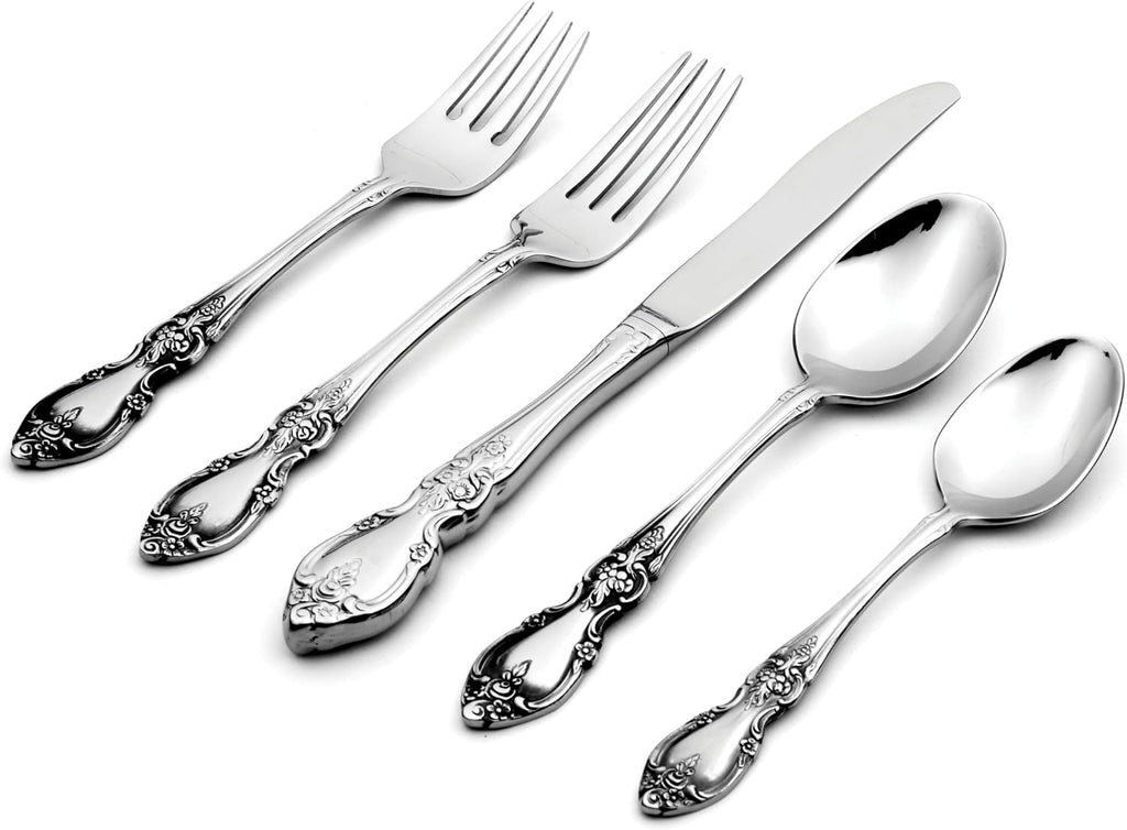 Oneida Silverware Set For 4, Louisiana 20-Piece Fine Flatware Set, Service For 4, 18/8 Stainless Steel, Silver, Mirror Finish, Knives Spoons and Forks, Dishwasher Safe, Tableware (Silver, 20 Pieces)