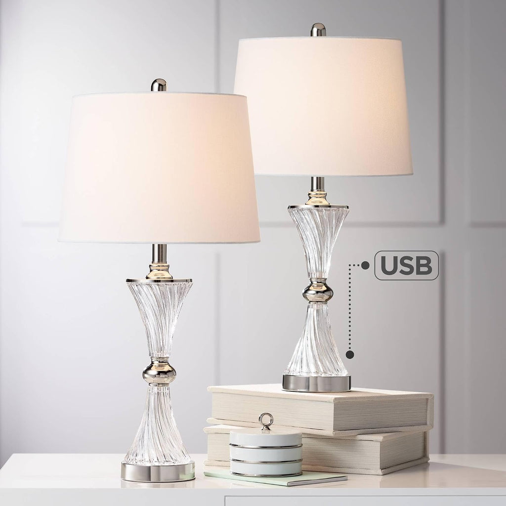 Regency Hill Luca Modern Table Lamps 25.5' High Set of 2 with USB Charging Port Glass Chrome Silver Metal White Fabric Drum Shade for Living Room Bedroom House Bedside Nightstand Home