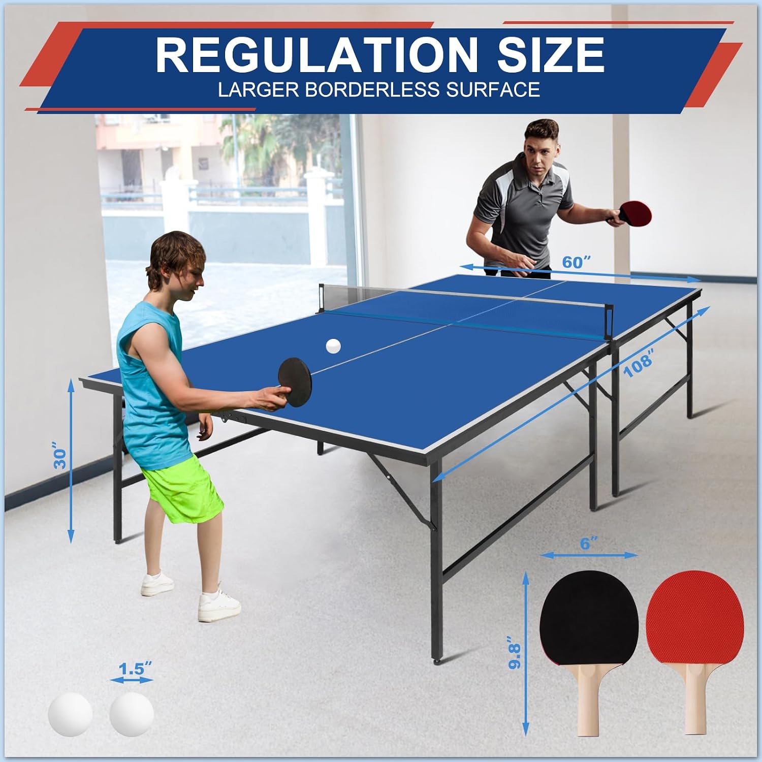 Portable Ping Pong Table, Foldable Indoor Table Tennis Tables Game, Folding Indoor Table Tennis w/ 2 Paddles, 2 Balls and Net for Adults/Teens, Quick Assembly