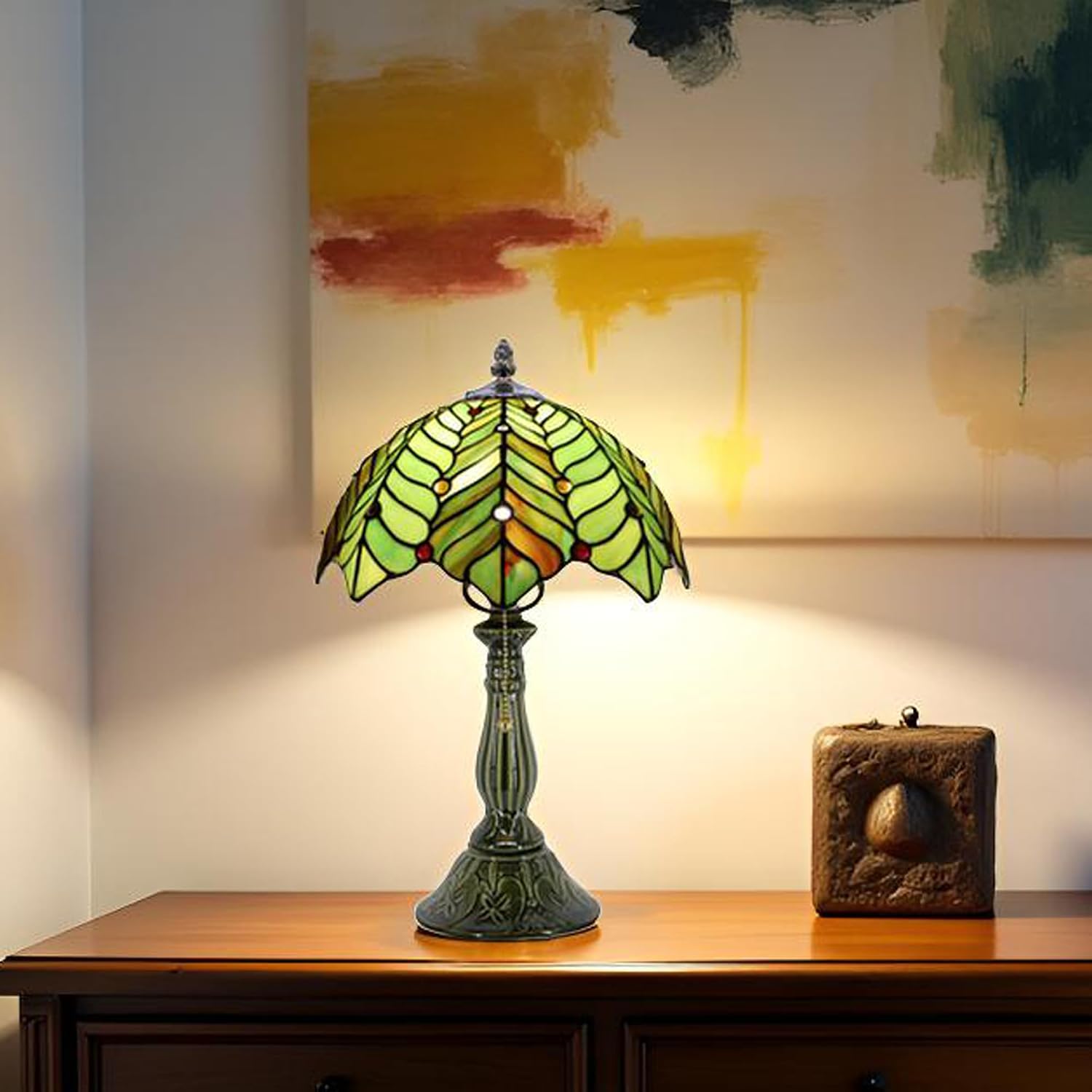 Tiffany Lamp Stained Glass Table Lamps Brown Green Coconut Leaves Style Desk Lamp 12X12X18.5 Inch Bronze Ceramic Base Reading Light Suitable for Bedside Bedroom Living Room Dining Room Office