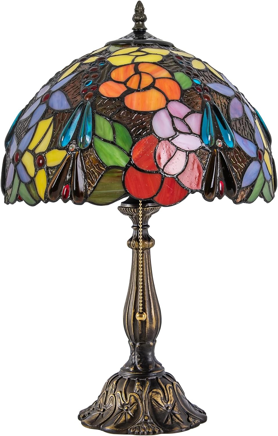 Tiffany Style Table Lamp, Stained Glass Bedside Lamp with Flower Floral Design, Vintage Handcrafted Nightstand Lamp for Living Room Bedroom Home Office