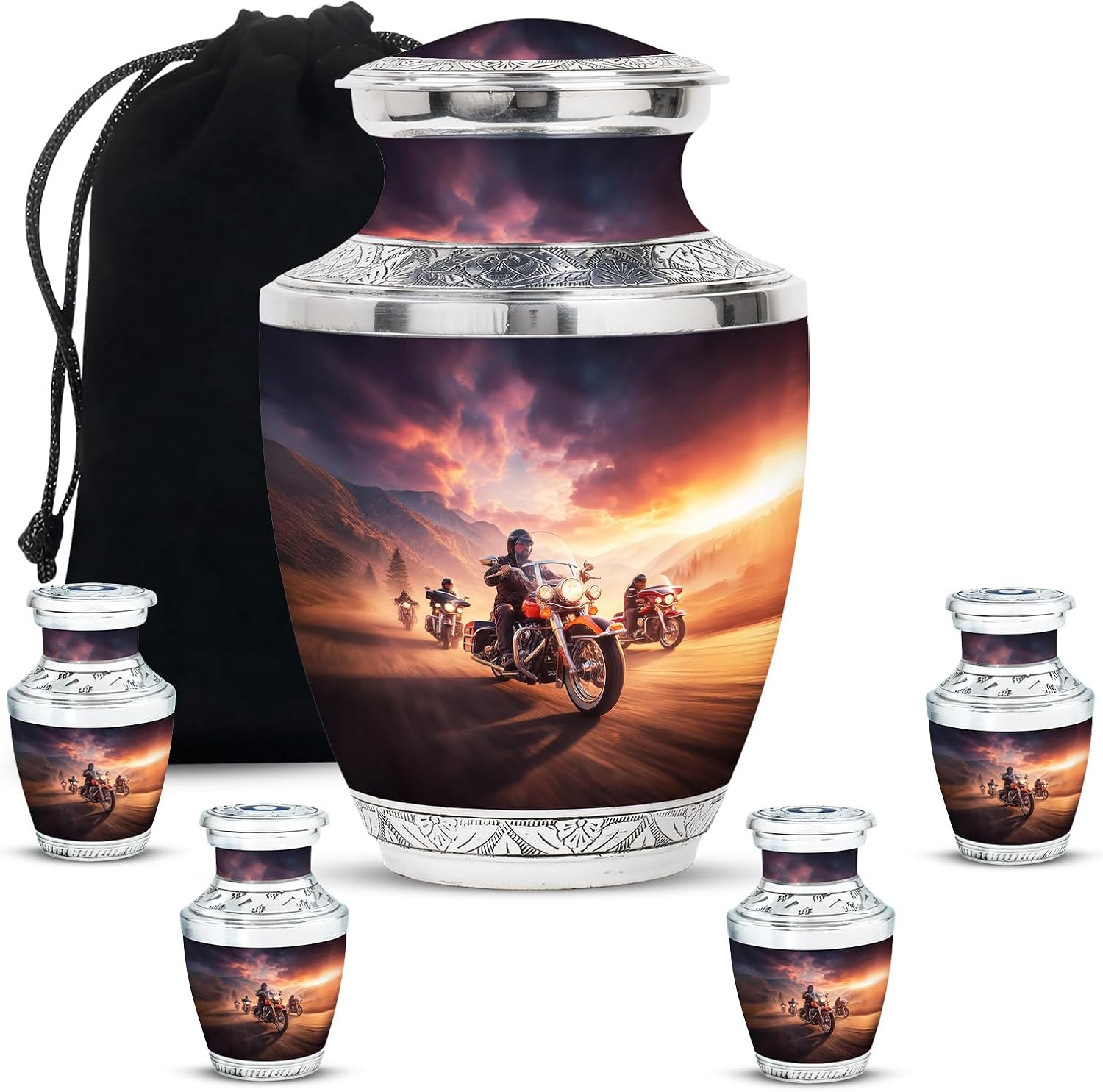 Urn with Motorcycle - Brown Small Urns for Human Ashes Keepsake - Set of 5, 10 Inch & 3 Inch - Mini Funeral Urn for Adult Ashes Women & Men - Large Decorative Funeral for Dad & Mom