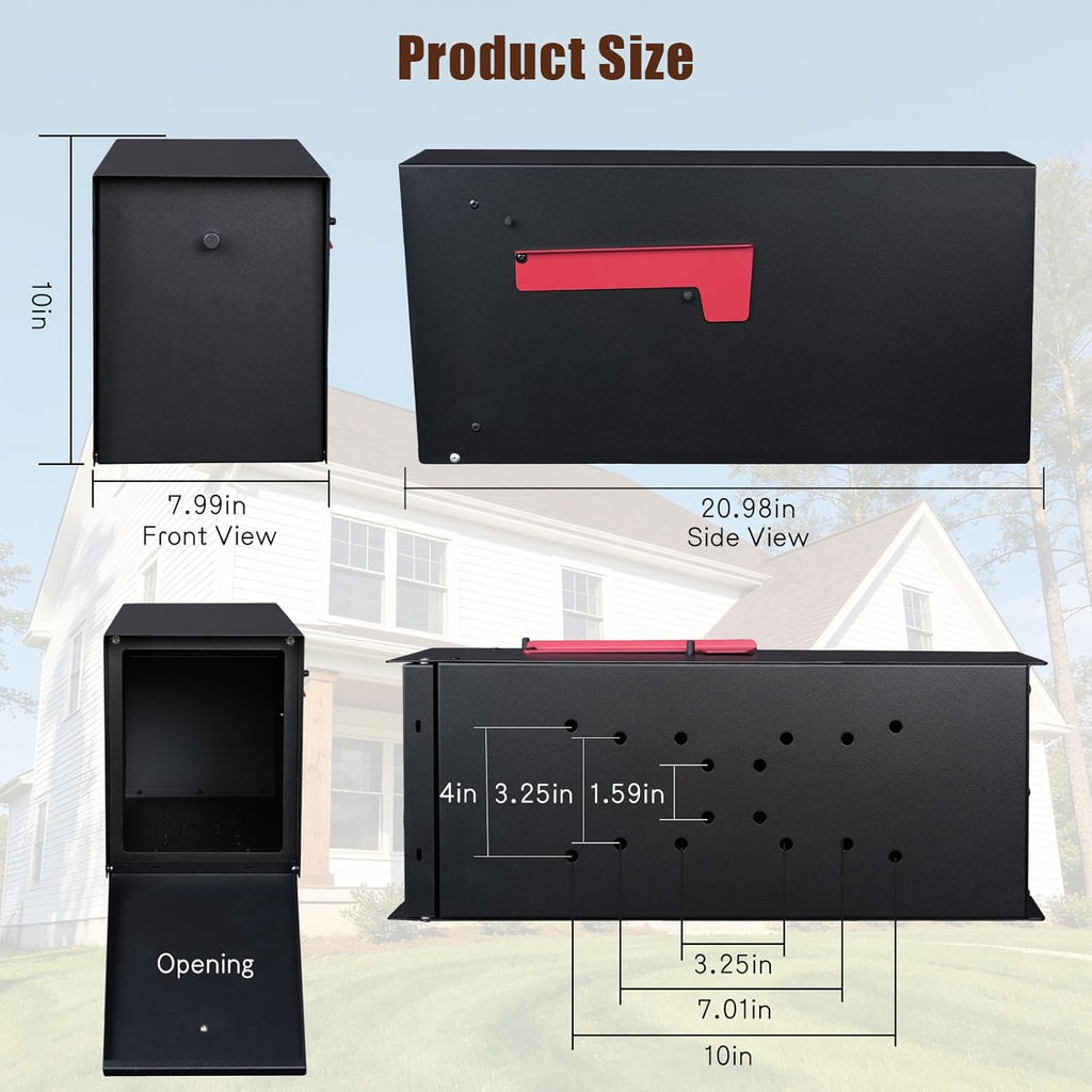 Large Mailboxes for Outside Post Mount Mailbox, Metal Mail Box with Magnetic Latch, Galvanized Steel Modern Mailbox for House Outside, 20.9 x 7.9 x 10 Inches, Black