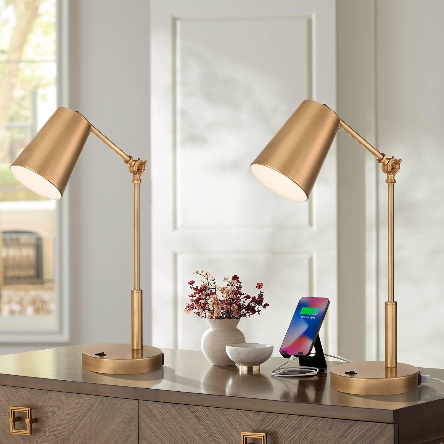 360 Lighting Sully 23 1/2' High Small Industrial Modern Desk Lamps Set of 2 Double USB Ports Adjustable Gold Brass Finish Metal Shade Home Office Living Room Charging Bedroom Bedside Nightstand