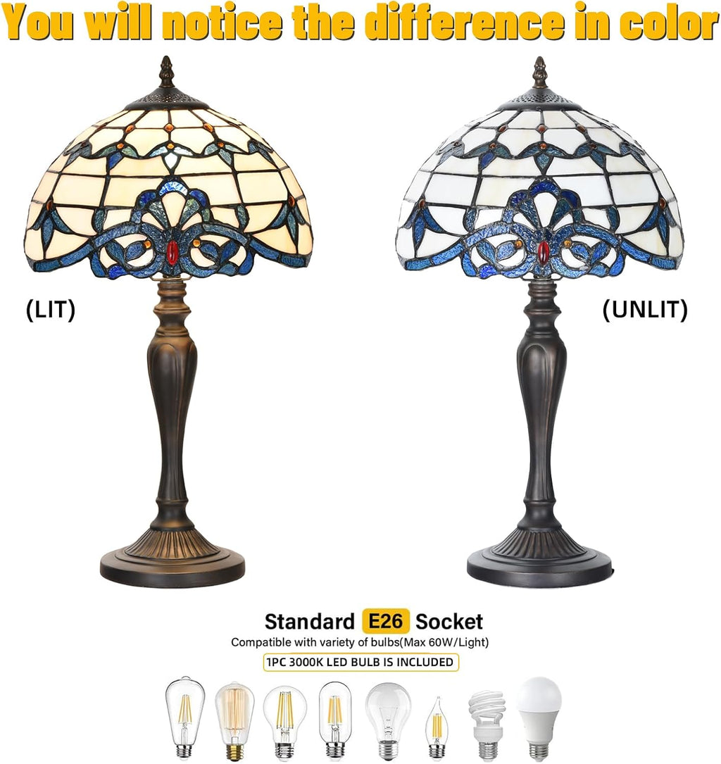 TL0003 Tiffany Table Lamp Bedside Stained Glass Lamp Blue Baroque Reading Desk Light 12X21.5 Inches for Bedroom Living Room Home Office,Vintage Look Handcrafted Accent Décor