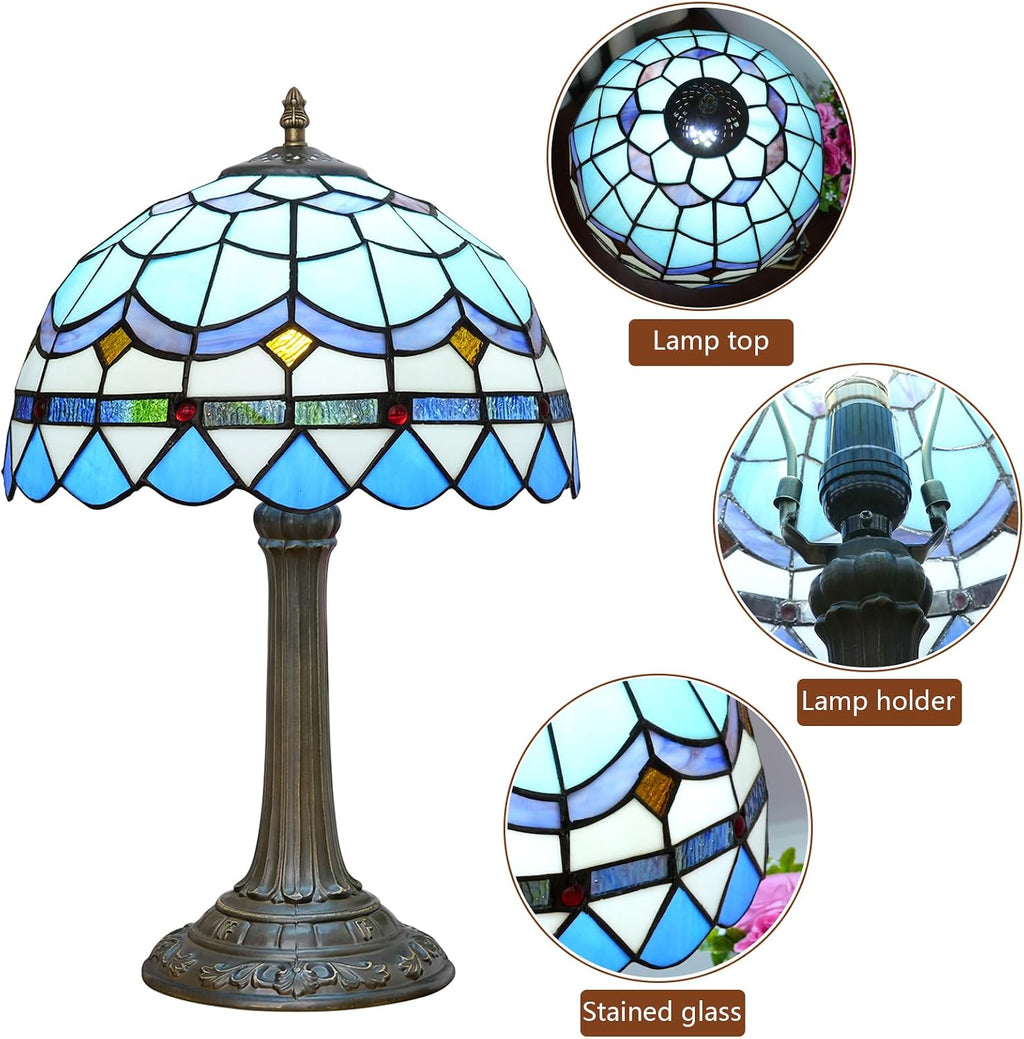 Tiffany Table Lamp Stained Glass Lamp Mediterranean Blue Bedroom Table lamp Reading Desk Light for Bedside Living Room Office Dormitory Dining Room Decorate Housewarming Gift 12X12X18 inches