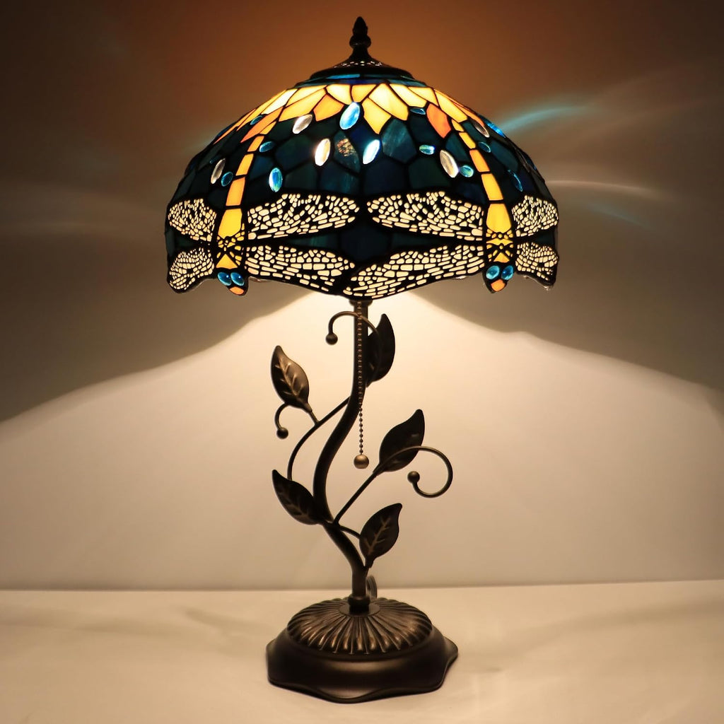Tiffany Lamp Yellow Dragonfly Style Stained Glass Table Lamp Desk Bedside Reading Light 12X12X19 Inches with Metal Leaf Base