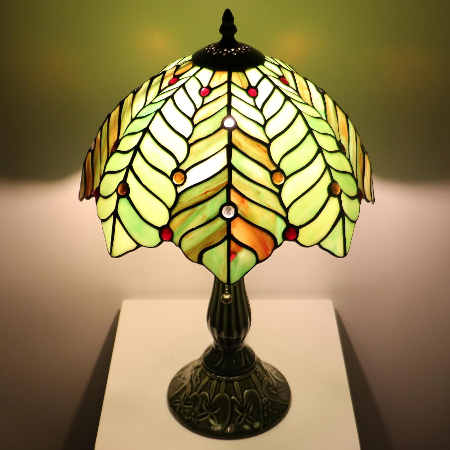 Tiffany Lamp Stained Glass Table Lamps Brown Green Coconut Leaves Style Desk Lamp 12X12X18.5 Inch Bronze Ceramic Base Reading Light Suitable for Bedside Bedroom Living Room Dining Room Office