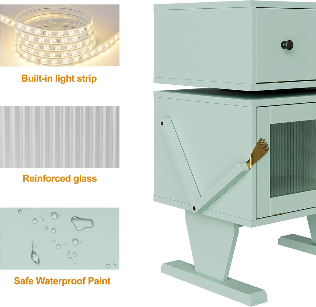 RoyalCraft Nightstand with LED Light Strips Set of 2, Green End Table with 360° Rotating Drawer, Modern Bedside Table with Glass Door Storage, Wood Night Stand Cabinet for Bedroom, Home Office, Green