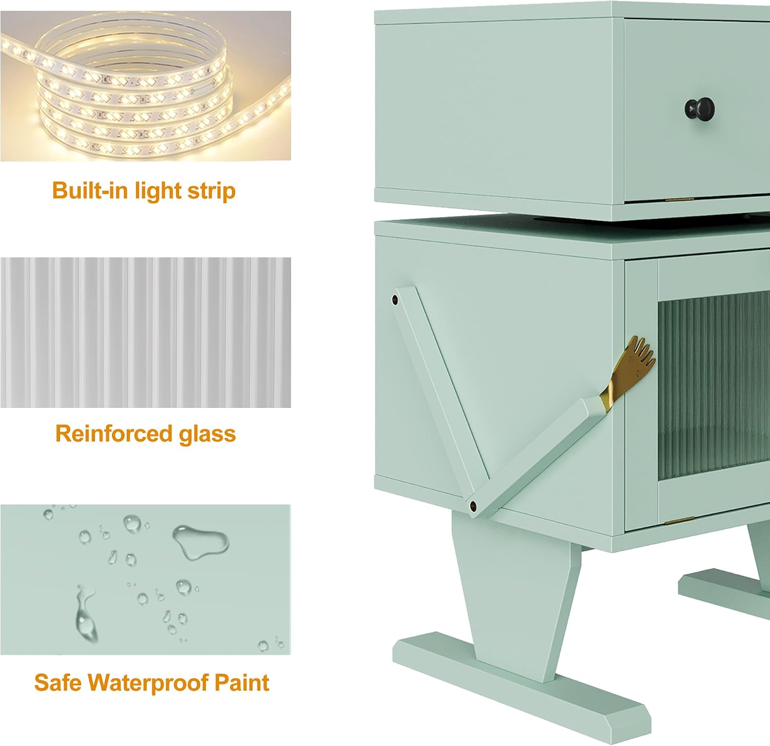 RoyalCraft Nightstand with LED Light Strips Set of 2, Green End Table with 360° Rotating Drawer, Modern Bedside Table with Glass Door Storage, Wood Night Stand Cabinet for Bedroom, Home Office, Green