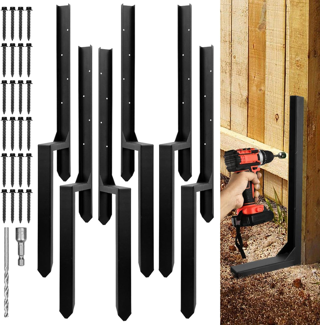 Fence Post Repair Kit, Heavy Duty Steel Fence Post Anchor Ground Spike for Repair Tilted, Broken Wood Fence Post (Double Legs - Set 6)
