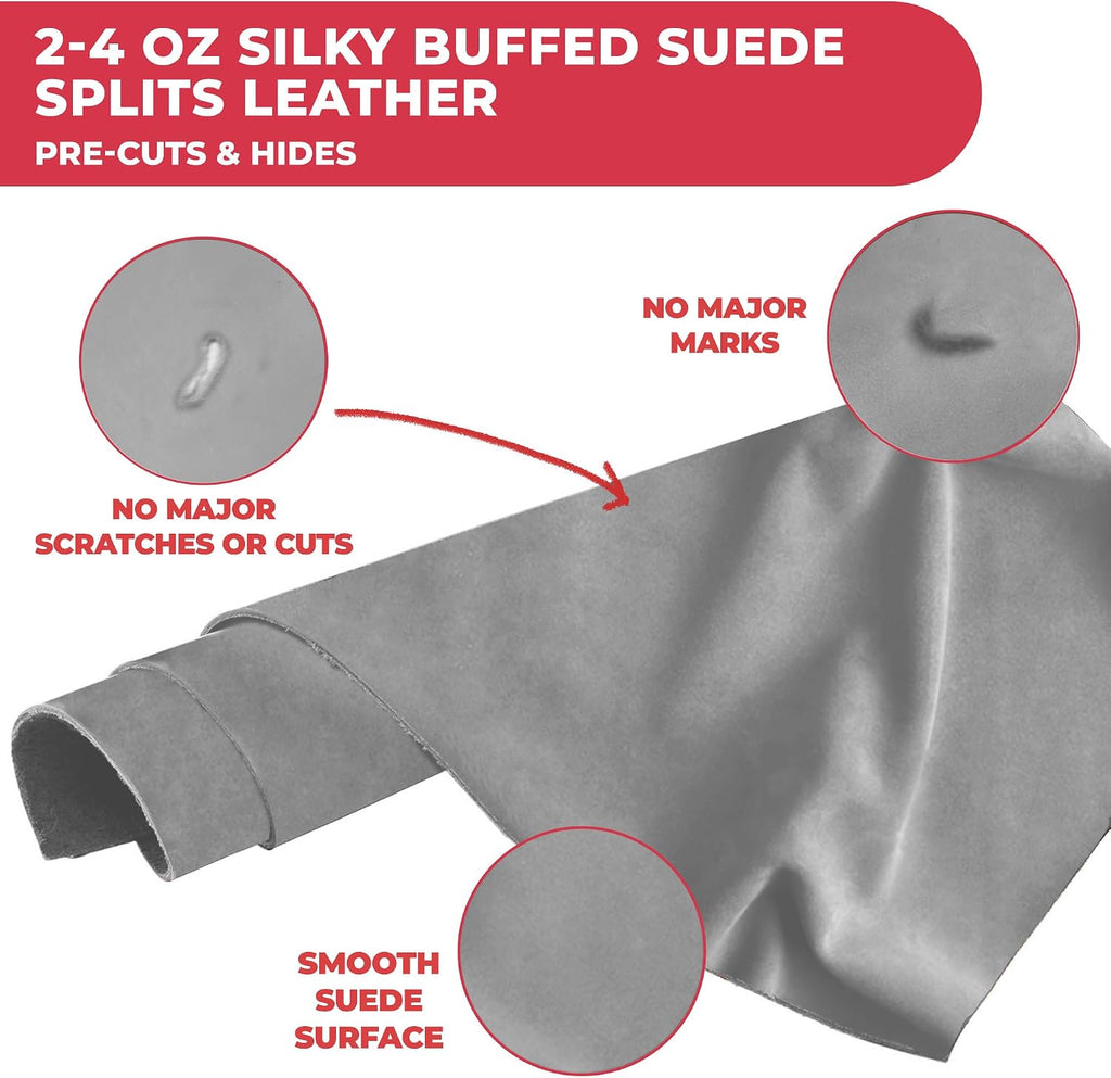 ELW Premium Suede Cowhide 2-4 oz (1-1.6mm) - Soft Full Grain Pre-Cut Side Leather - (2-4 SQ FT 2 PCS,Light Grey) - USA Made Silky Buffed Suede Fabric Leather for Car Upholstery, Garments, Furniture