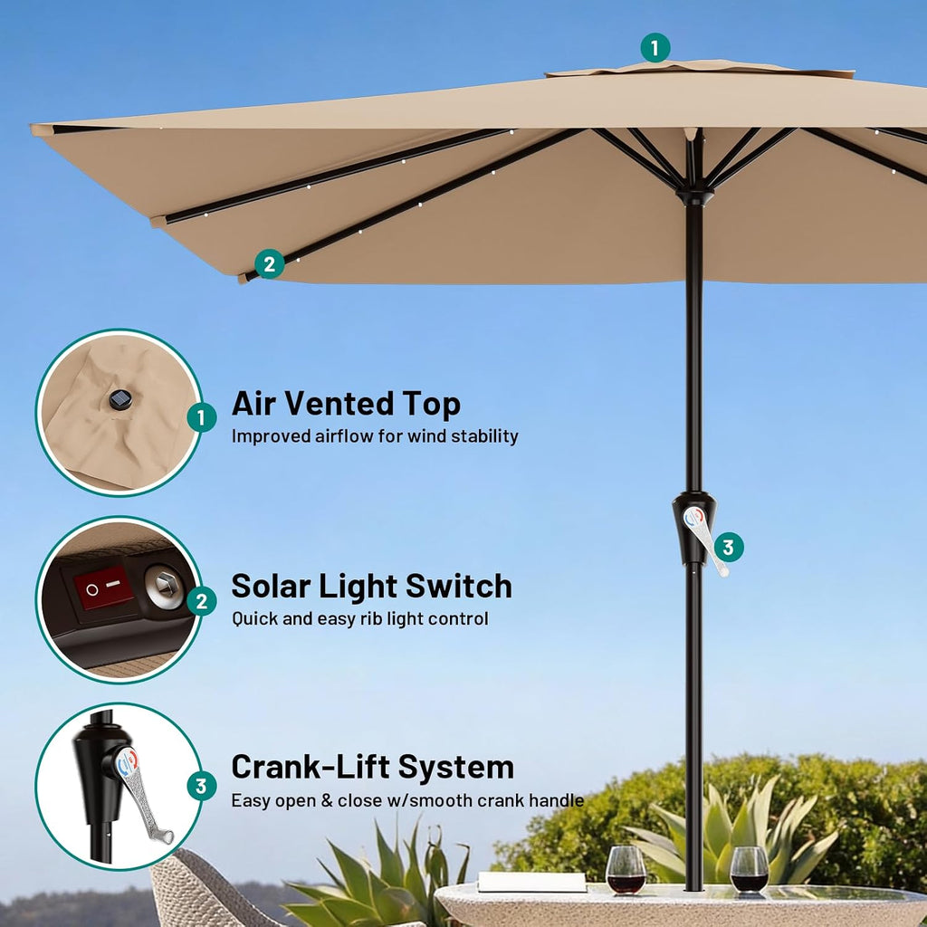 AreShark 8' X 10' Rectangular Patio Umbrella with Solar Lights, Lighted Solar Umbrella with Crank, Outdoor Table Umbrella for Garden, Deck, Backyard, Pool and Beach, Beige