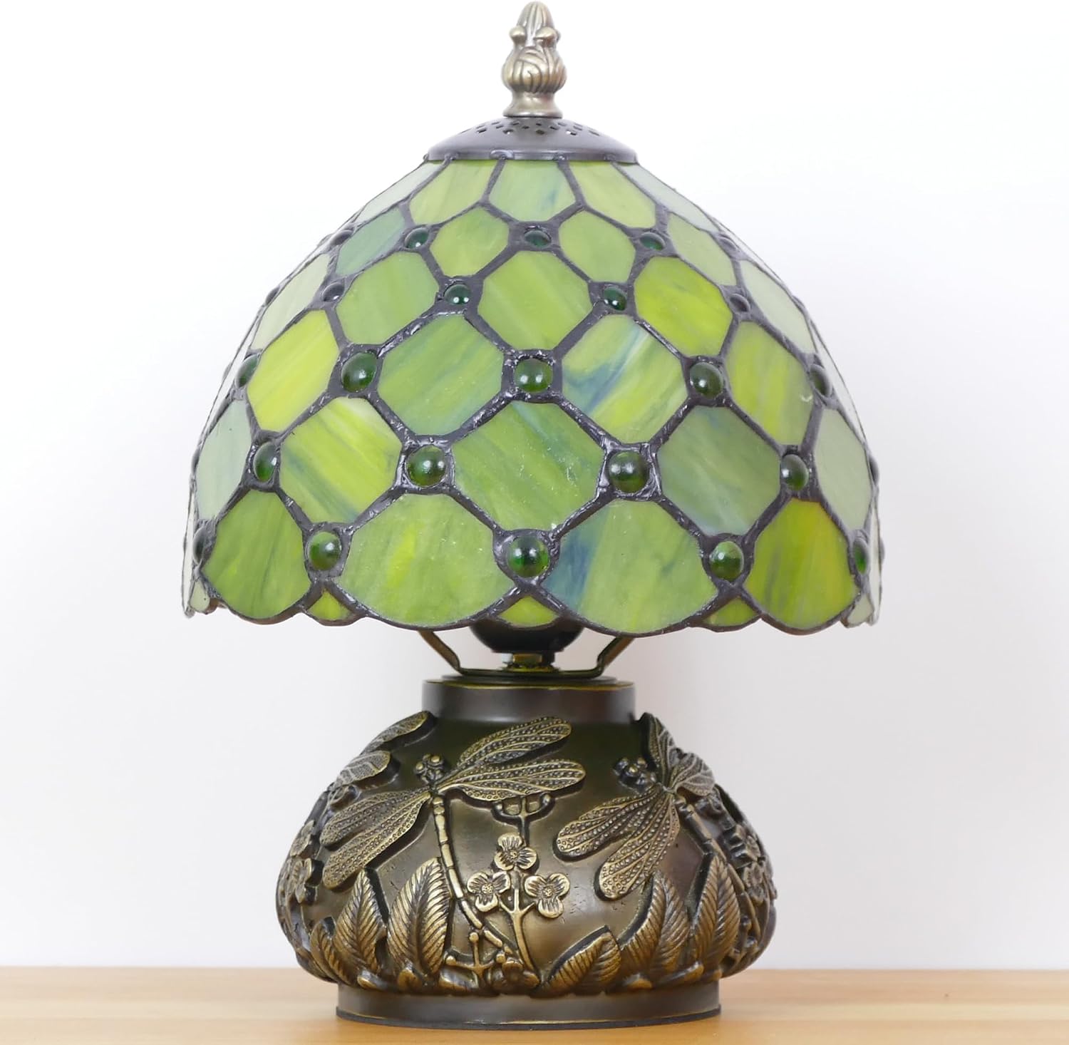 Small Tiffany Lamp Mini Stained Glass Table Lamp Green Yellow Pearl Style Mushroom Accent Lamp 8X11 Inch