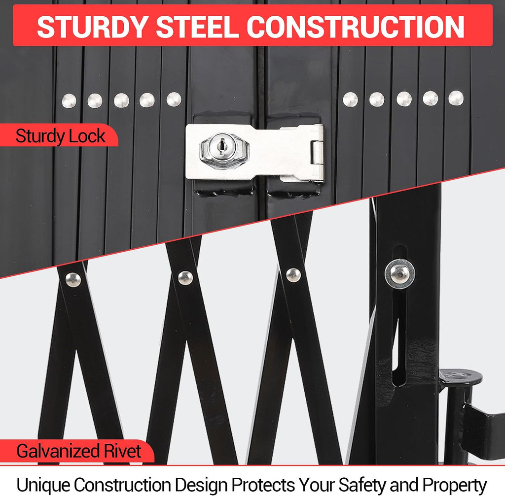 87' H x 150' W Folding Security Gate, Heavy Duty Steel Expandable Barrier Bi-fold Door with 360° Swivel Casters & Key Lock, Retractable Rolling Scissor Gate for Garage Driveway Warehouse, Black
